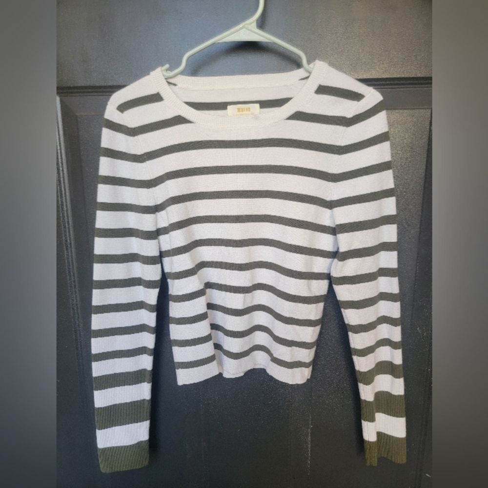 Anthropologie Maeve Olive Green and White Striped Sweater Size Medium Like New